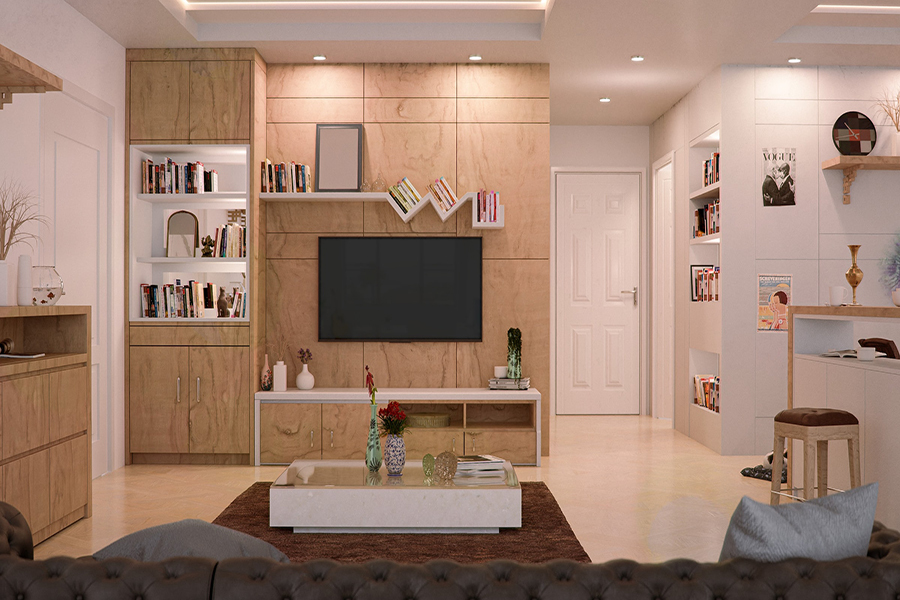 This image shows a living room with epoxy flooring .